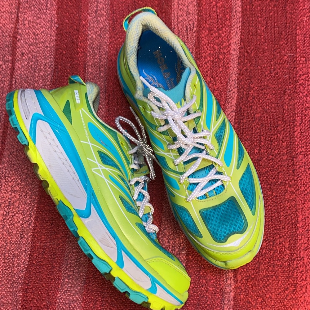Hoka One One Lime Green and Blue Athletic Shoes